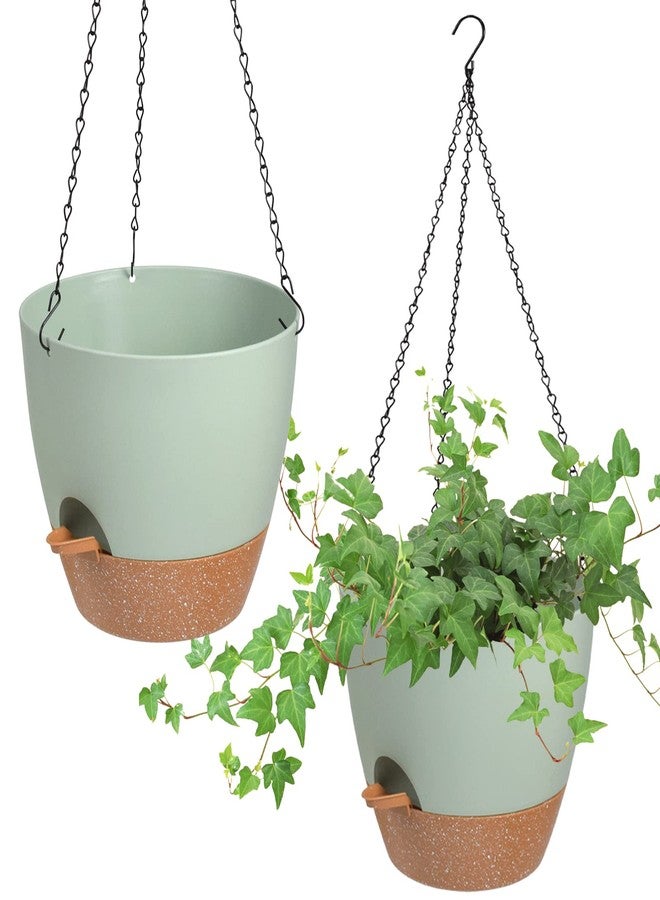 Vanslogreen 8 Inch Hanging Planters for Indoor Outdoor Plants, 2 Pack Self Watering Hanging Pot with Drainage Holes & Removable Tray Hanging Baskets Flower Pots for Garden Home (Green) - Image 1