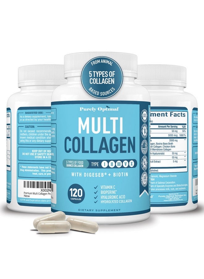 Purely Optimal Premium Multi Collagen Peptides (Types I, II, II, V, X) - Collagen Pills for Skin Care, Hair Growth, Nails & Joints - Vitamin C, Hyaluronic Acid, Biotin, Gluten Free - 120 Collagen Capsules - Image 1