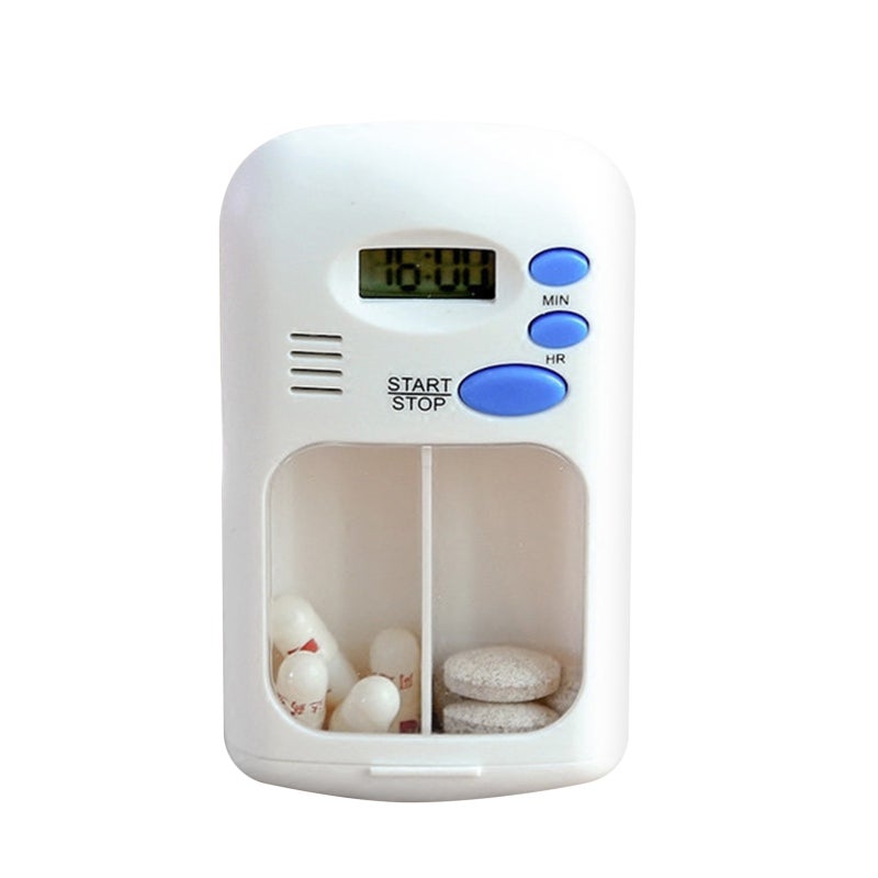 Portable Mini Pill Box Timer with LCD Digital Electric Alarm Medicine Pill Case 2 Grids White Color Two Drawers Divided Plus Memory Fits Large Pills for Outdoor Travel Dispenser - Image 1