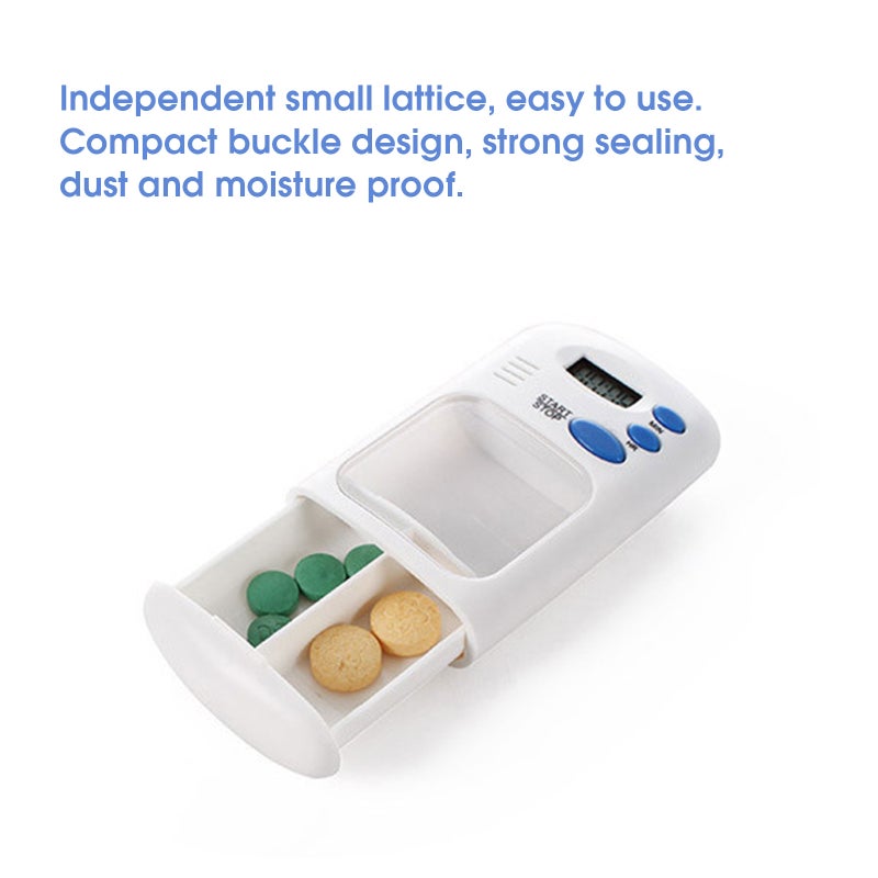 Portable Mini Pill Box Timer with LCD Digital Electric Alarm Medicine Pill Case 2 Grids White Color Two Drawers Divided Plus Memory Fits Large Pills for Outdoor Travel Dispenser - Image 2
