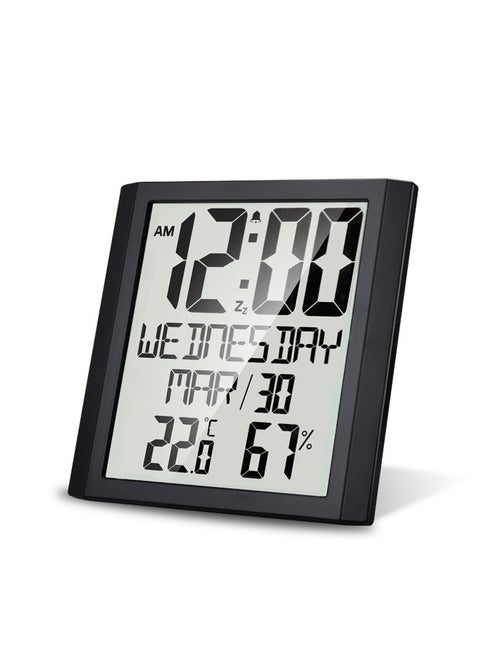 Battery powered digital wall clock with date and room temperature