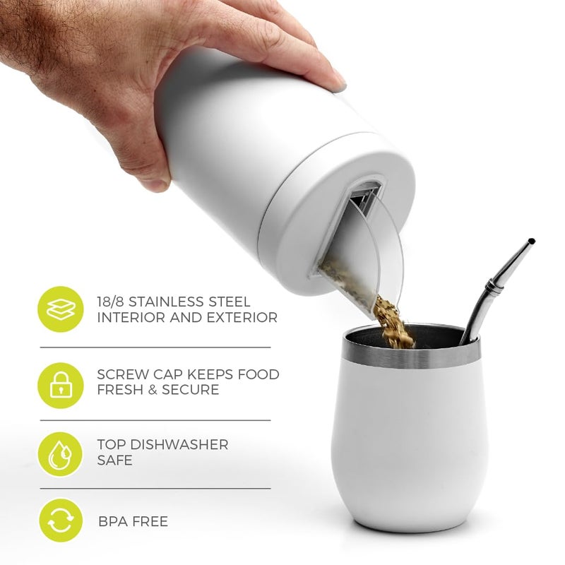 BALIBETOV Yerbero Yerba Container with Spout - Stainless Steel Container Pouring Lid Easy Filling Mate Cup - Works for Sugar Dispenser sugar container and Coffee Container For Ground Coffee (White) - Image 2
