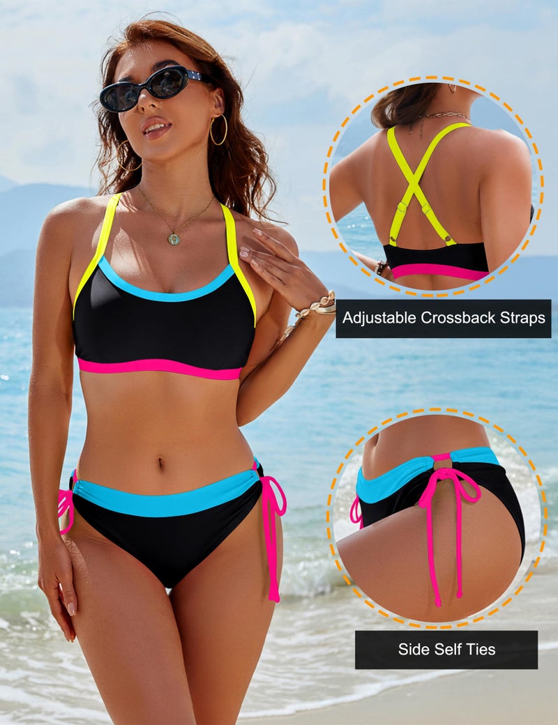 BMJL Womens Bikini Sets Color Block Swimsuits Supportive Wide Strap Two Piece Bathing Suit 2026(S,Black) - Image 4