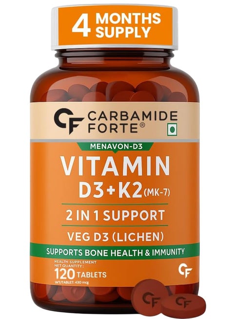 Carbamide Forte Vitamin D3 K2 MK7 Plant Based Veg Vitamin D3 Supplement Lichen Source with Vitamin K2 MK7 Menaquinone - 120 Veg Tablets