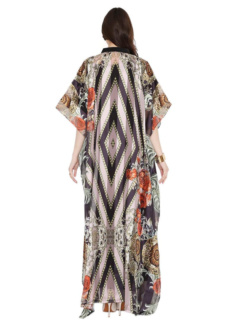 HANA & SARA MULTICOLOUR PRINTED LONG MODEST WITH COLLARED NECK ARABIC KAFTAN JALABIYA DRESSES - Image 2