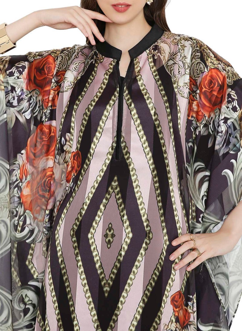 HANA & SARA MULTICOLOUR PRINTED LONG MODEST WITH COLLARED NECK ARABIC KAFTAN JALABIYA DRESSES - Image 3