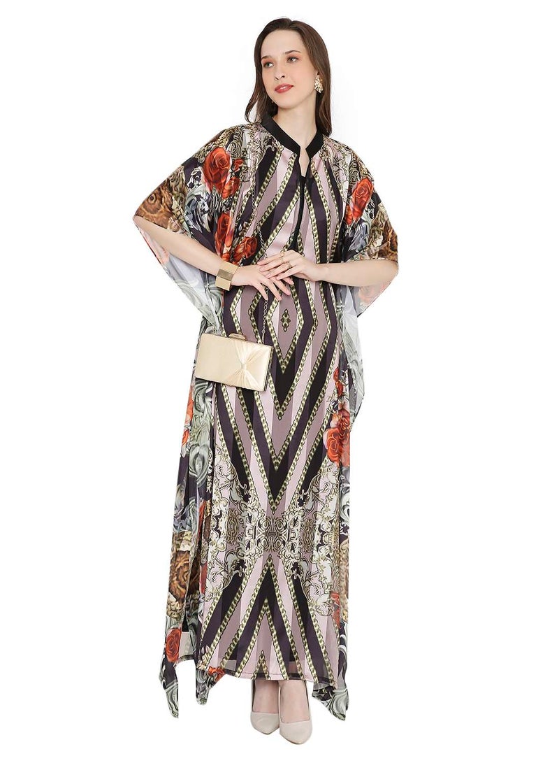 HANA & SARA MULTICOLOUR PRINTED LONG MODEST WITH COLLARED NECK ARABIC KAFTAN JALABIYA DRESSES - Image 5