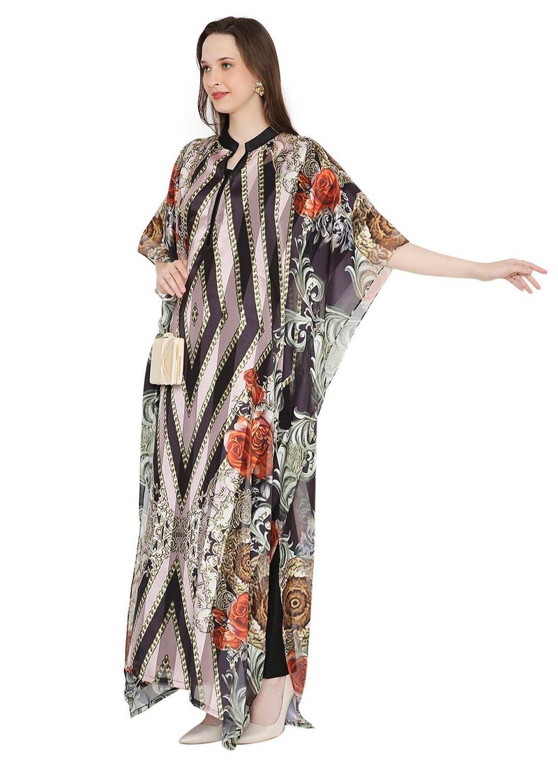 HANA & SARA MULTICOLOUR PRINTED LONG MODEST WITH COLLARED NECK ARABIC KAFTAN JALABIYA DRESSES - Image 4