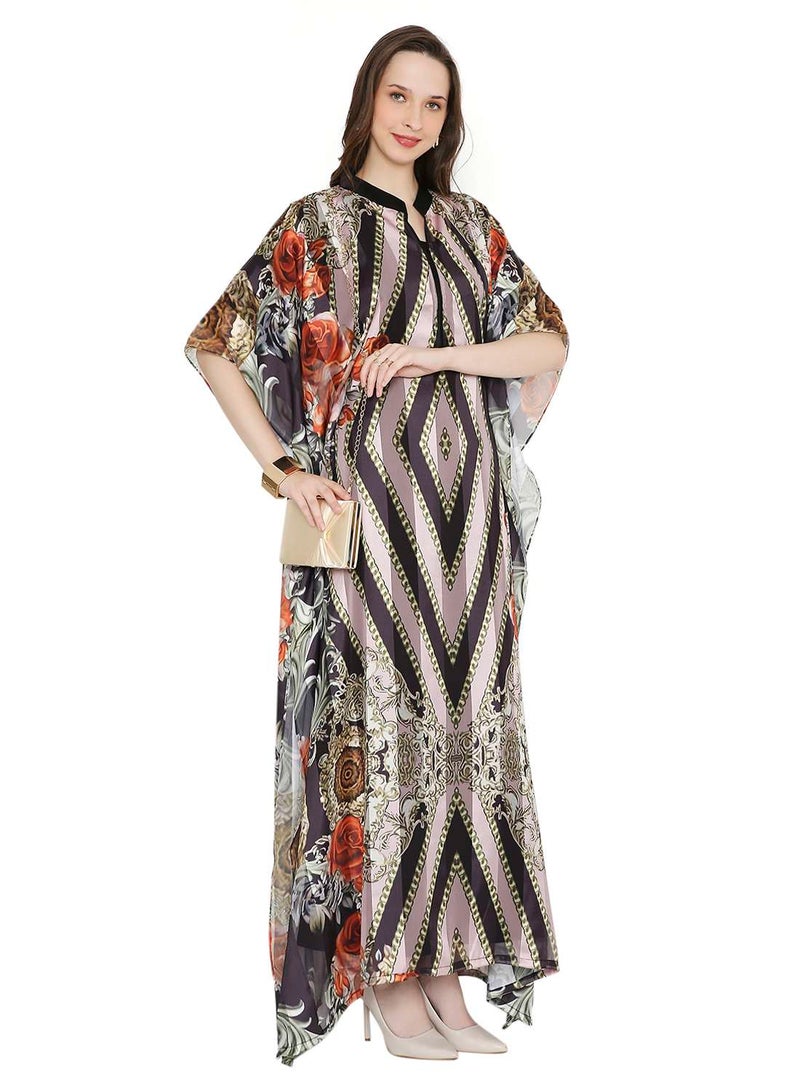 HANA & SARA MULTICOLOUR PRINTED LONG MODEST WITH COLLARED NECK ARABIC KAFTAN JALABIYA DRESSES - Image 1
