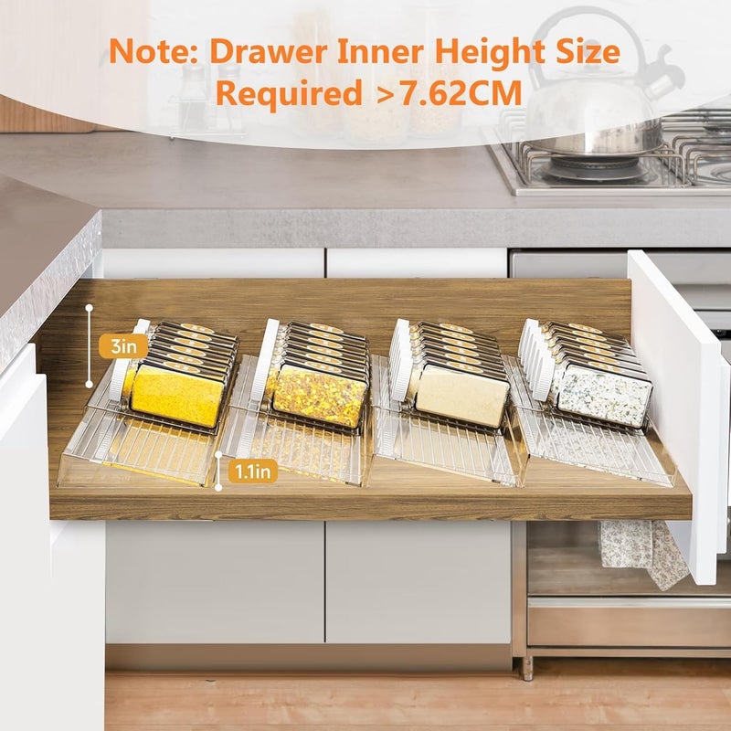 UREVO 4 Tier Spice Drawer Rack - Expandable Clear Acrylic Organizer (2 Sets) - Image 4