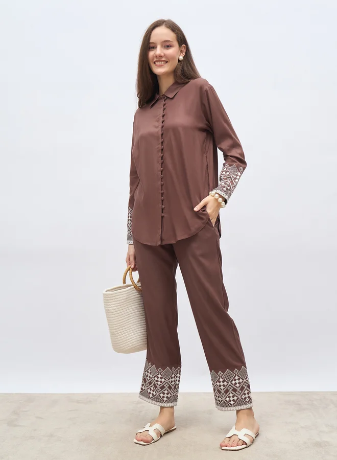 Styli Styli Brown Embroidered Shirt and Straight Fit Pants Co-Ords