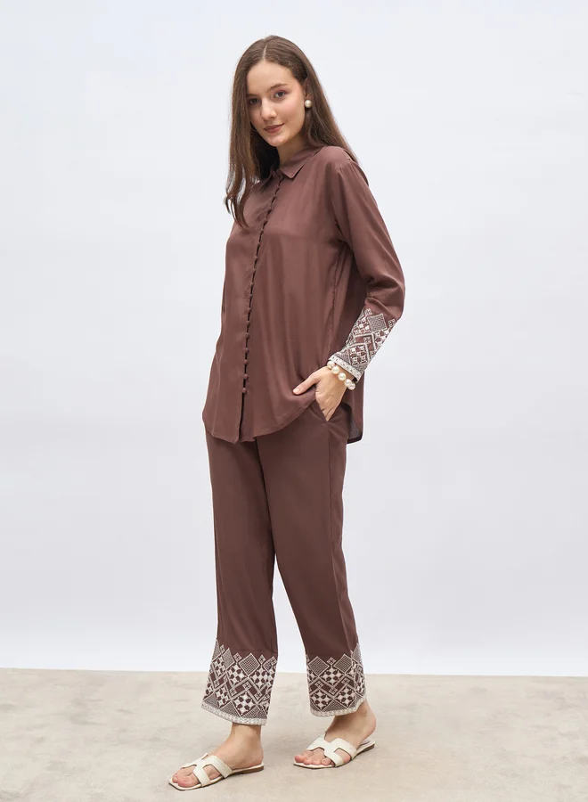 Styli Styli Brown Embroidered Shirt and Straight Fit Pants Co-Ords