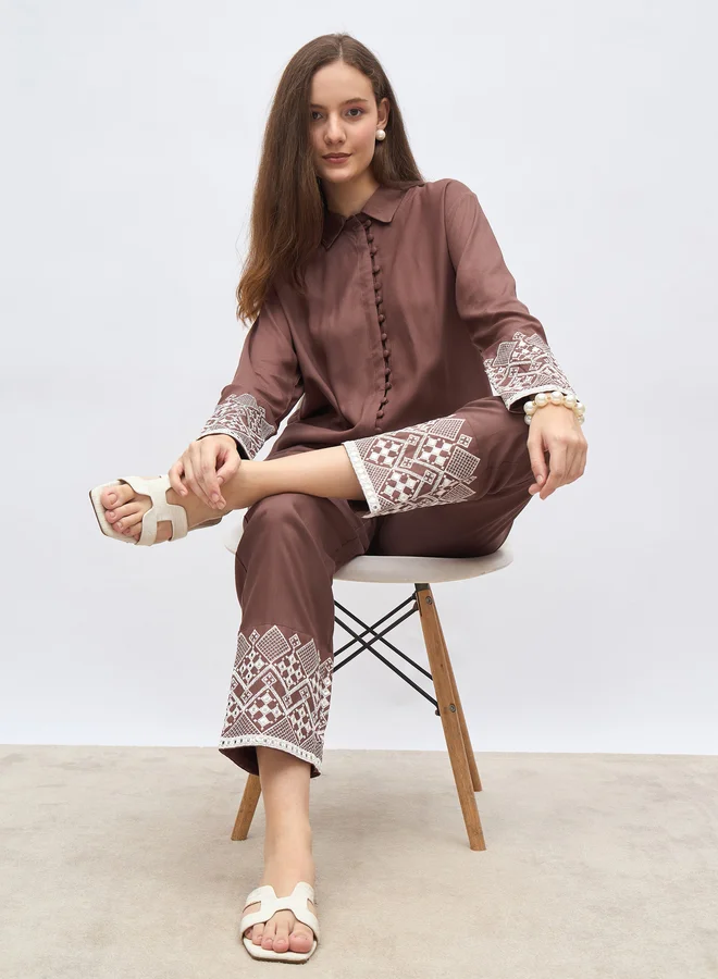 Styli Styli Brown Embroidered Shirt and Straight Fit Pants Co-Ords
