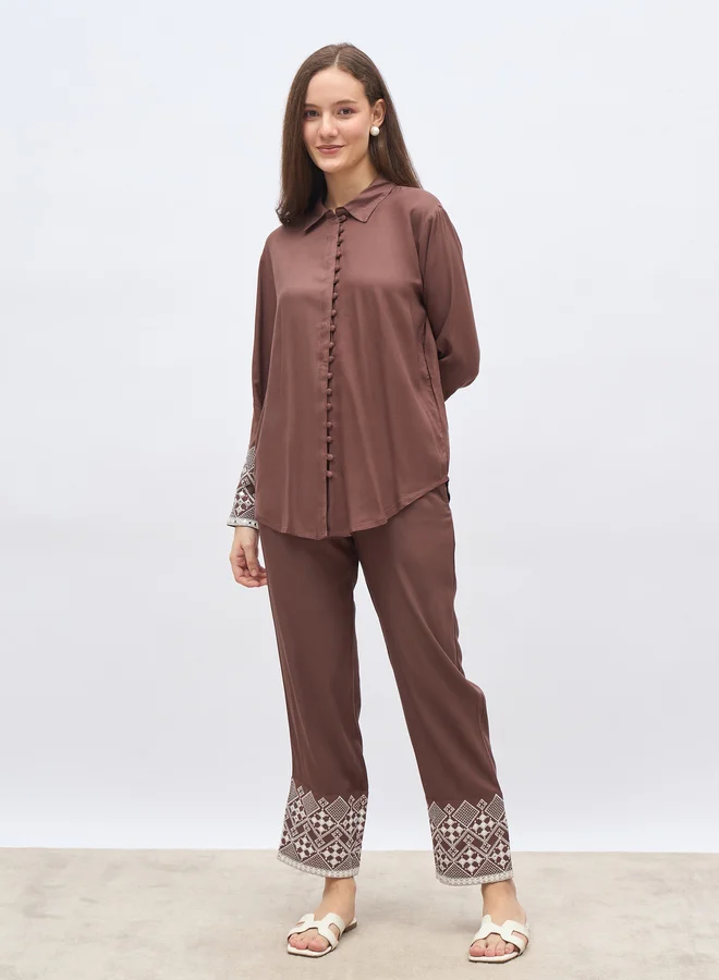 Styli Styli Brown Embroidered Shirt and Straight Fit Pants Co-Ords