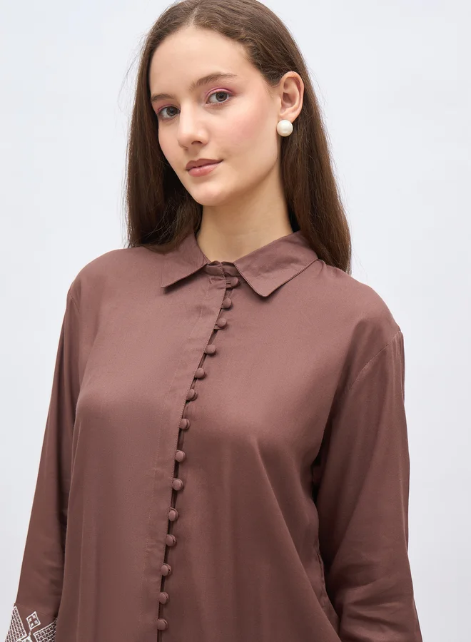 Styli Styli Brown Embroidered Shirt and Straight Fit Pants Co-Ords