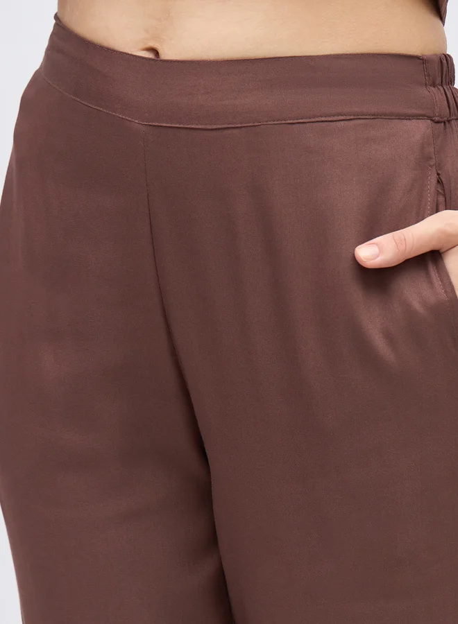 Styli Styli Brown Embroidered Shirt and Straight Fit Pants Co-Ords