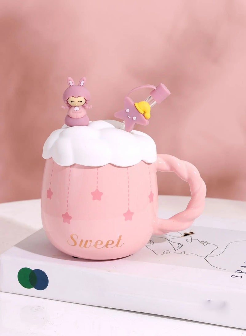 AROAQ Girly Heart Mug with Straw Lid Creative Couple Gift Ceramic Cup for Girls - Image 1