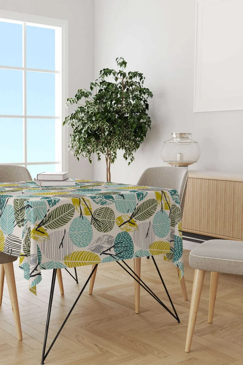 كانغو هوم Green Yellow Decorative Leaf Patterned Digital Printed Tablecloth CGH1200-MS