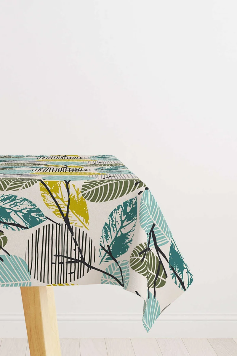 كانغو هوم Green Yellow Decorative Leaf Patterned Digital Printed Tablecloth CGH1200-MS
