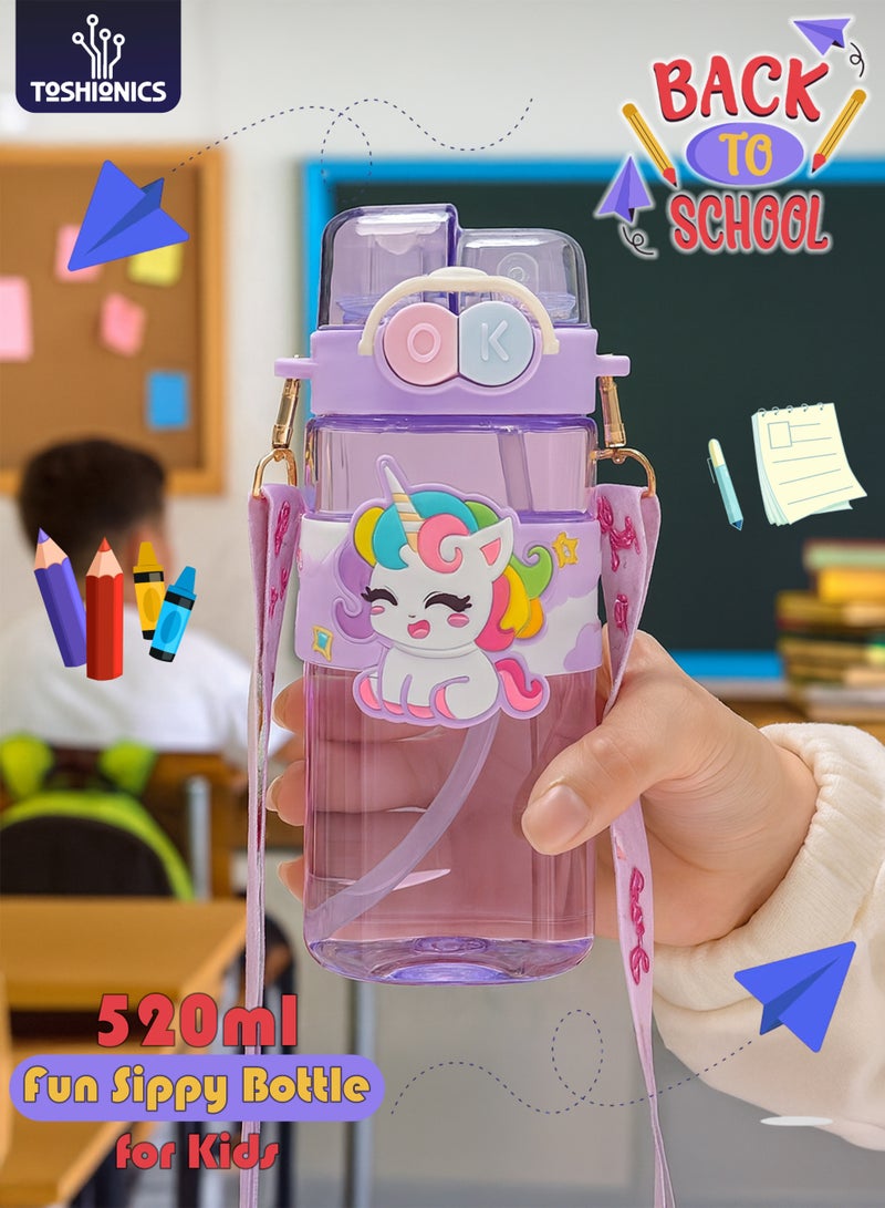 توشيونيكس زجاجة مياه للأطفال سعة ٥٢٠ مل - كوب شرب برسومات كرتونية لطيفة مع حزام | زجاجة شرب متينة للأطفال الصغار، خالية من مادة BPA، مانعة للتسرب، للمدرسة | زجاجة مياه للأطفال للعودة إلى المدرسة | زجاجة مياه سهلة الشرب للأولاد والبنات - Image 1