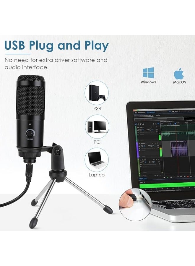 USB Microphone Plug and Play, Capacitor Microphone Cardioid Pickup PC Laptop Recording Microphone Portable and Lightweight, Microphone Set with Stand External Microphones - Image 4