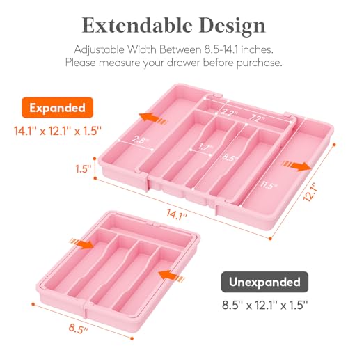 Lifewit Silverware Drawer Organizer, Expandable Utensil Tray for Kitchen, BPA Free Flatware and Cutlery Holder, Adjustable Plastic Storage for Spoons Forks Knives, 8.5"-14.1" x 12.1", Pink - Image 2