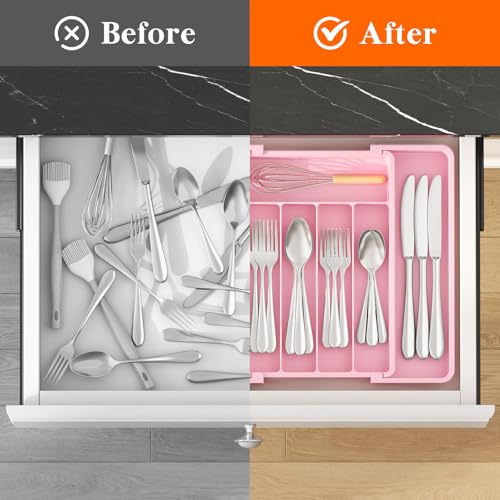 Lifewit Silverware Drawer Organizer, Expandable Utensil Tray for Kitchen, BPA Free Flatware and Cutlery Holder, Adjustable Plastic Storage for Spoons Forks Knives, 8.5"-14.1" x 12.1", Pink - Image 4