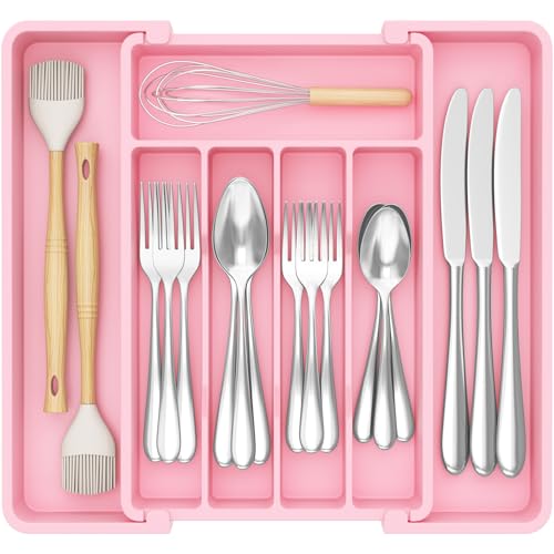 Lifewit Silverware Drawer Organizer, Expandable Utensil Tray for Kitchen, BPA Free Flatware and Cutlery Holder, Adjustable Plastic Storage for Spoons Forks Knives, 8.5"-14.1" x 12.1", Pink - Image 1