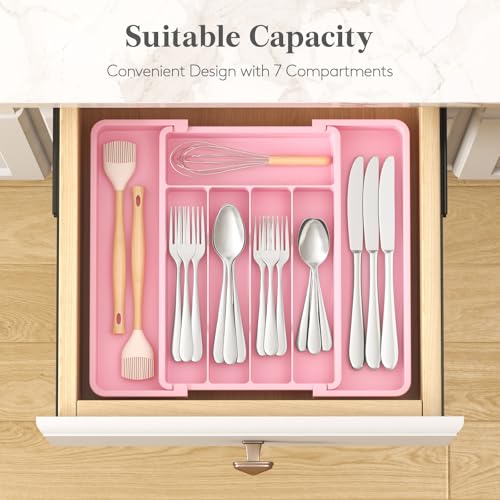 Lifewit Silverware Drawer Organizer, Expandable Utensil Tray for Kitchen, BPA Free Flatware and Cutlery Holder, Adjustable Plastic Storage for Spoons Forks Knives, 8.5"-14.1" x 12.1", Pink - Image 3