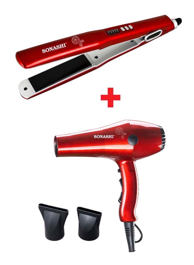 SONASHI Powerful 2000W Professional Hair Dryer With Ceramic Hair Straightener SHD-3032 + SHS-2042 Bundle Glossy Red - Image 1