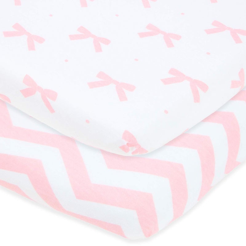 Joey + Joan Pack and Play Sheets Fitted â€“ for Graco Pack n Play Playard â€“ 2 Pack â€“ Snuggly Soft Jersey Cotton Mini Crib Mattress Sheets Set for Baby Girl â€“ Pink Bows, Chevron - Image 1