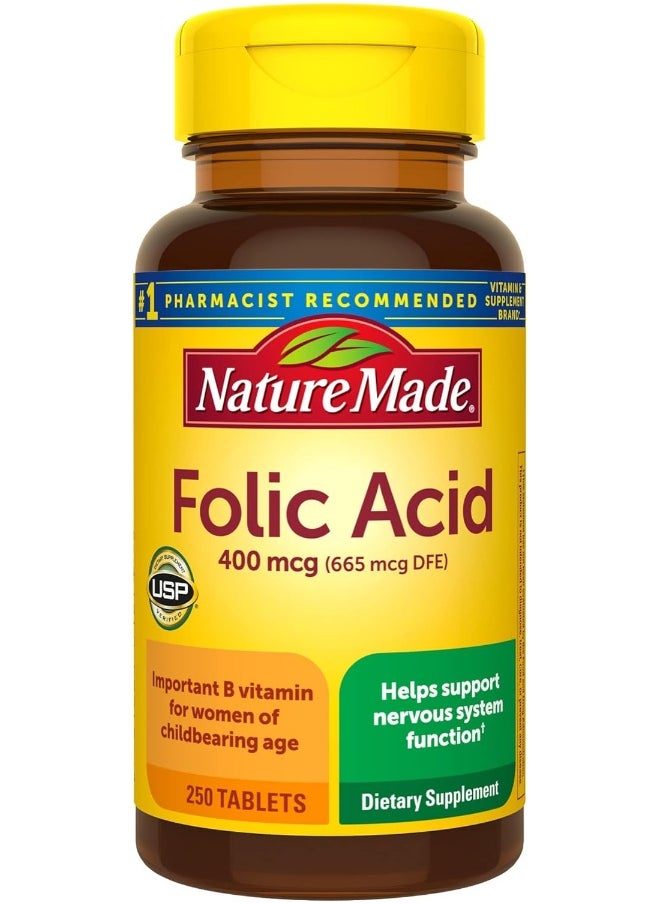 Nature Made - Nature Made Folic Acid 400 mcg (665 mcg DFE), Dietary Supplement for Nervous System Function, 250 Tablets, 250 Day Supply - Image 1