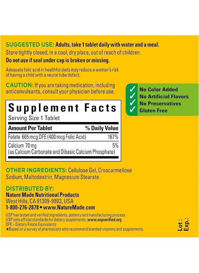 Nature Made - Nature Made Folic Acid 400 mcg (665 mcg DFE), Dietary Supplement for Nervous System Function, 250 Tablets, 250 Day Supply - Image 1