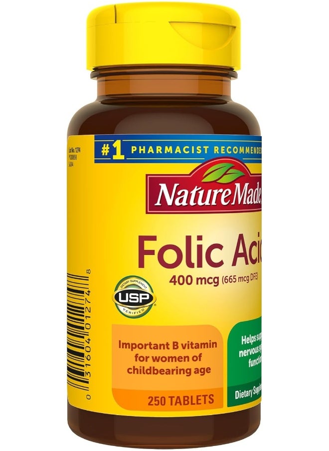 Nature Made - Nature Made Folic Acid 400 mcg (665 mcg DFE), Dietary Supplement for Nervous System Function, 250 Tablets, 250 Day Supply - Image 1
