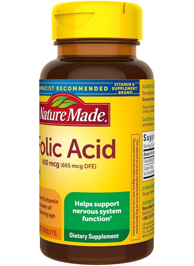 Nature Made - Nature Made Folic Acid 400 mcg (665 mcg DFE), Dietary Supplement for Nervous System Function, 250 Tablets, 250 Day Supply - Image 1