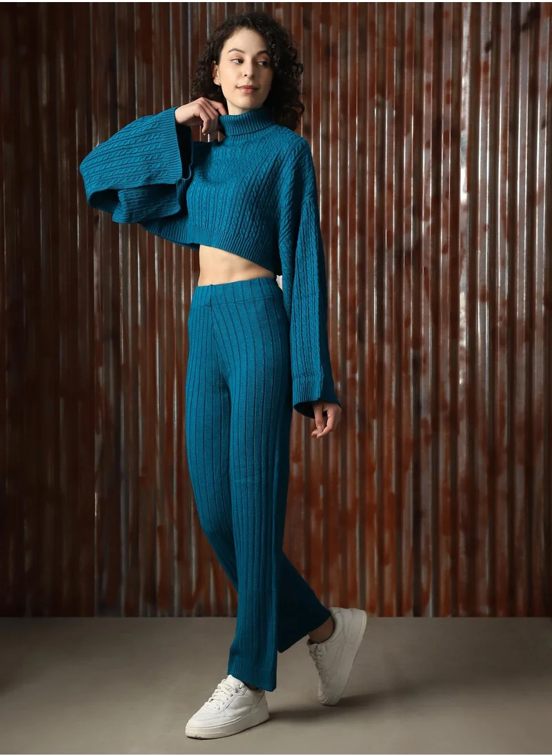 HIGH STAR Women's Teal 100% Acrylic Solid Cropped Full Length Casual Co-Ords