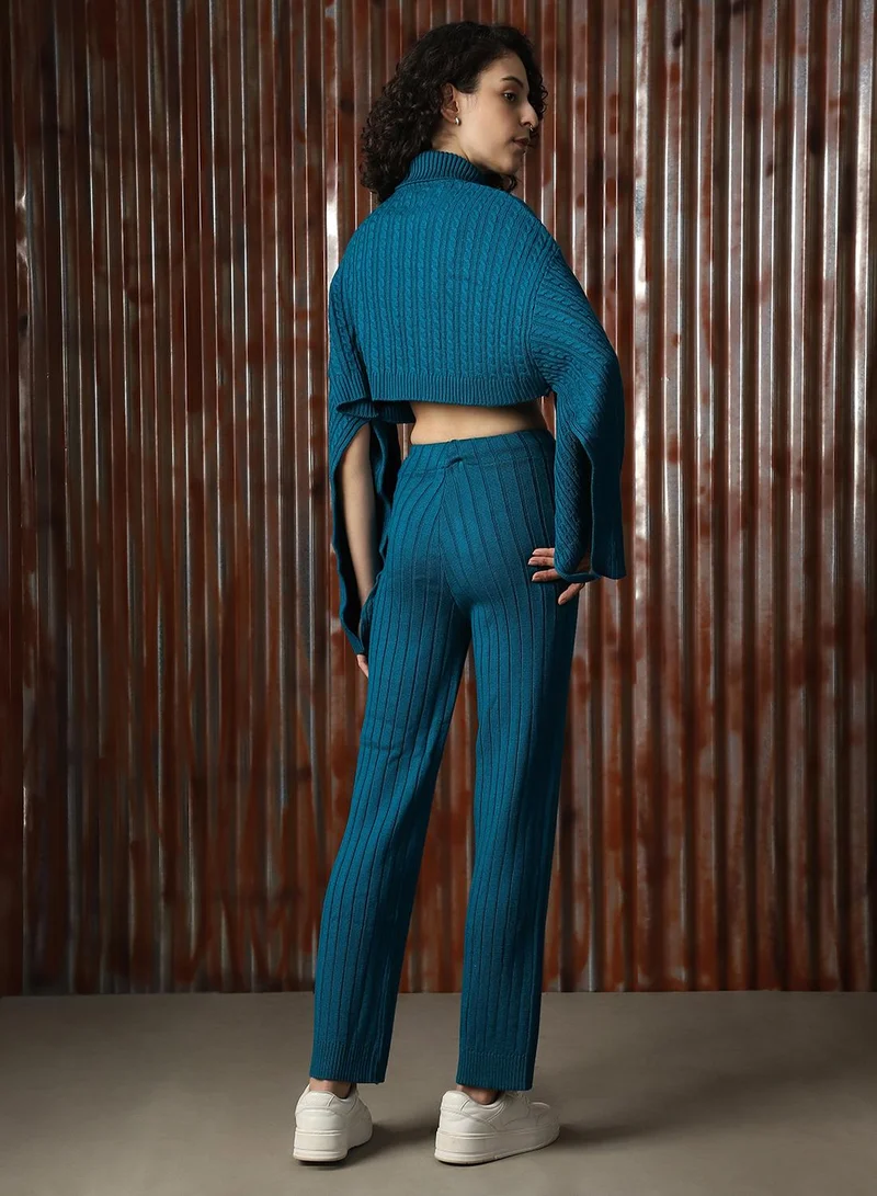 هاي ستار Women's Teal 100% Acrylic Solid Cropped Full Length Casual Co-Ords