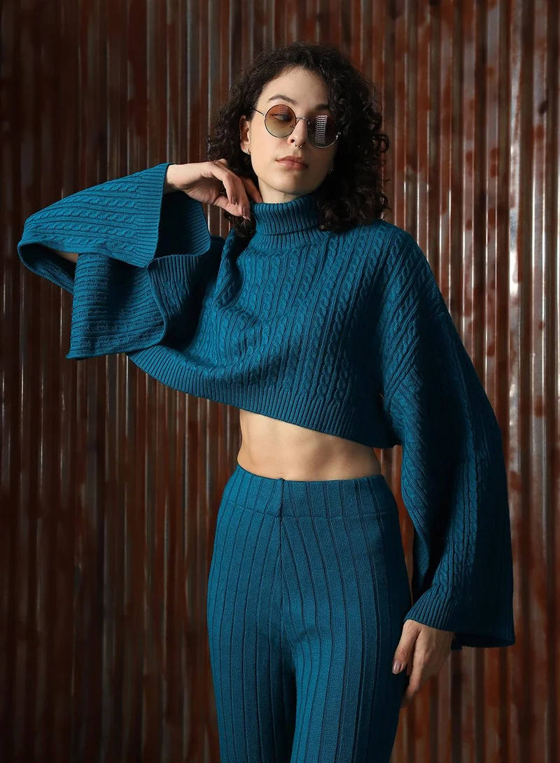 هاي ستار Women's Teal 100% Acrylic Solid Cropped Full Length Casual Co-Ords