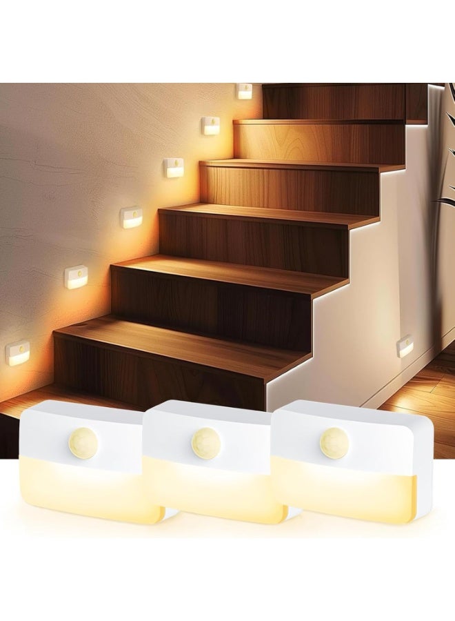 NANAO 3 عبوات من ضوء الليل بحساس حركة، ضوء دافئ يعمل بالبطارية بدون سلك، إضاءة تحت الخزائن، مصباح ليلي للسلالم، الخزانة، المنضدة، المطبخ، داخلي، خارجي - Image 1