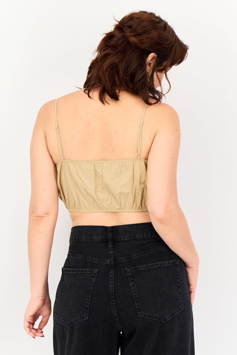 Lefties Women Square Neck Sleeveless Solid Top, Dark Beige - Image 3