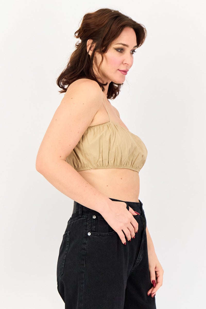 Lefties Women Square Neck Sleeveless Solid Top, Dark Beige - Image 2