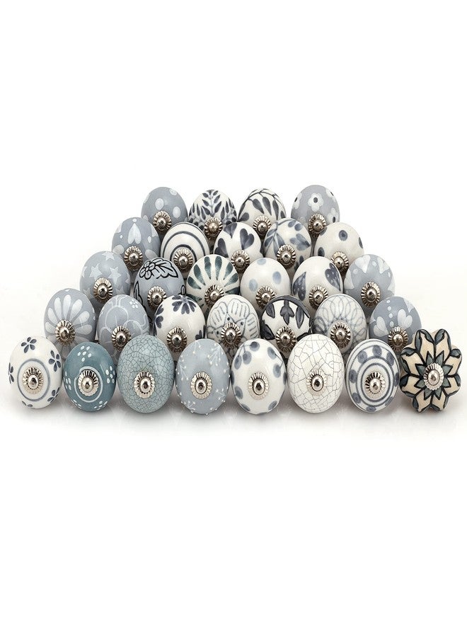 FOLK CRAFT Indian Haat Bazaar Assorted Cabinet Knobs-Set of 30 Pcs-Grey Ceramic Drawer Pull Handle Kitchen Cupboard Wardrobe Knob Boho Room Decorative Furniture Hardware,Gray,DKB00004-P30,D-1.7xL-2.5inch - Image 1