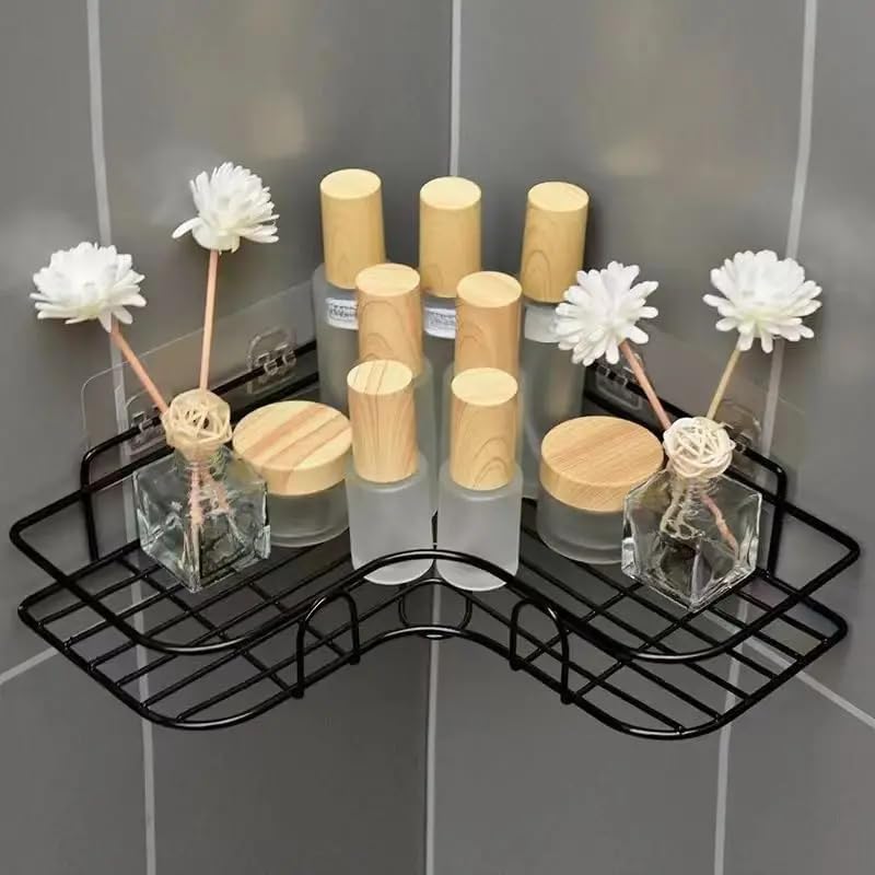 SAJIVAN Enterprise Self Adhesive Corner Shelf for Bathroom/Adhesive Shelf for Kitchen with Magic Sticker/Bathroom Organizer Without Drill (GI Metal, Black)  - Image 1
