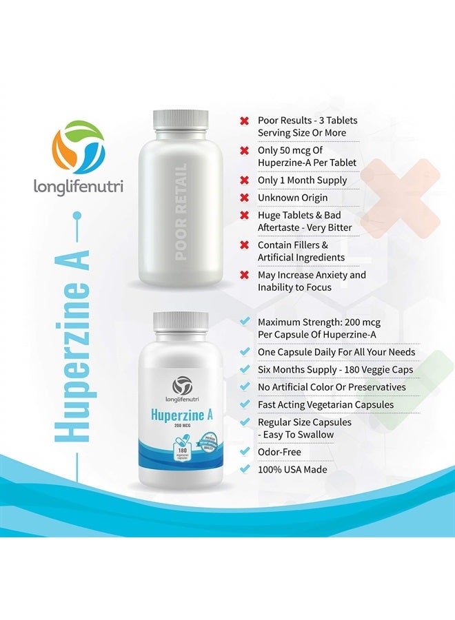 LongLifeNutri Huperzine A 200 Mcg 180 Vegetarian Capsules | Made in USA | Powerful Nootropic Brain Complex | Cognitive Function Enhancer Supplement | Memory Focus Clarity Mental Booster | 200mcg Pure Powder Pill - Image 4