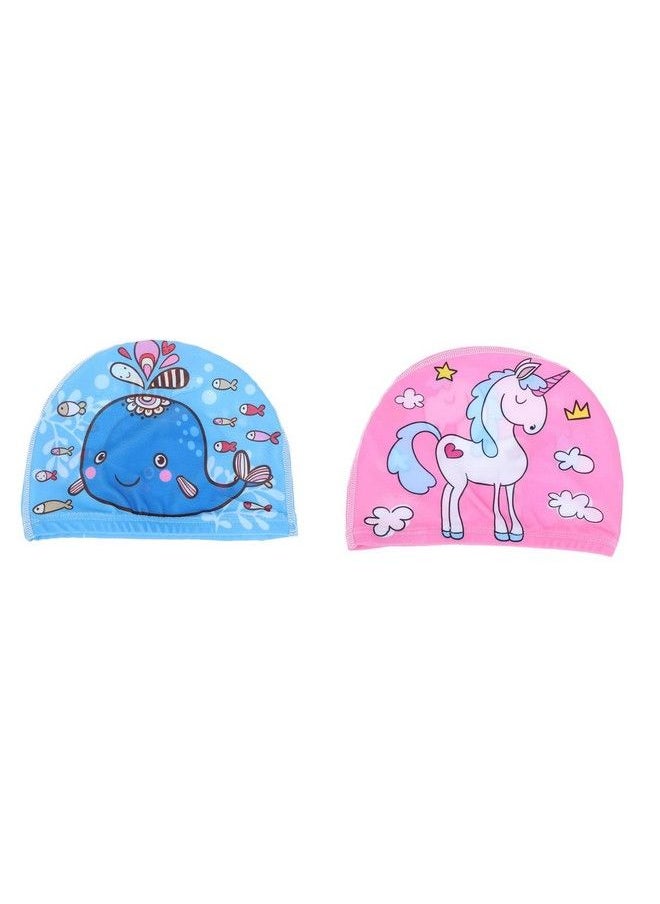 El Regalo - 2 Pcs Swim Cap Kids Toddlers Comfortable Breathable Polyester Fabric Swimming Caps Cute Cartoon Dolphin Shark Owl Mermaid Fairy Unicorn Giraffe Swim Caps (Dolphin & Unicorn) - Image 1