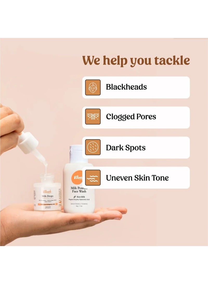 Vilvah Store Milk Powder Face Wash & Milk Drops Brightening Serum Combo | For Bright & Glowing Skin | All Skin Types | For Both Men & Women | Pack of 2 - Image 4