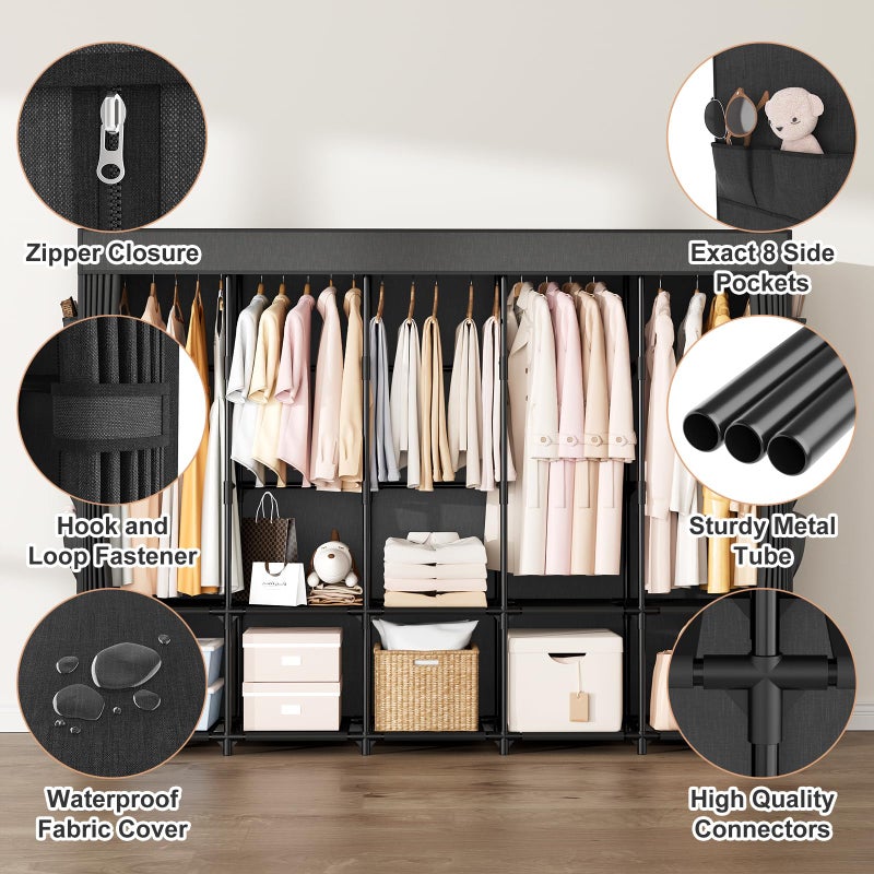BrFoYu Portable Closet Storage, Portable Wardrobe Closet Organizer Clothes Rack wtih Cover, Hanging Rod, Storage Shelves and Side Pockets, Large Portable Closets for Hanging Clothes, Black - Image 4