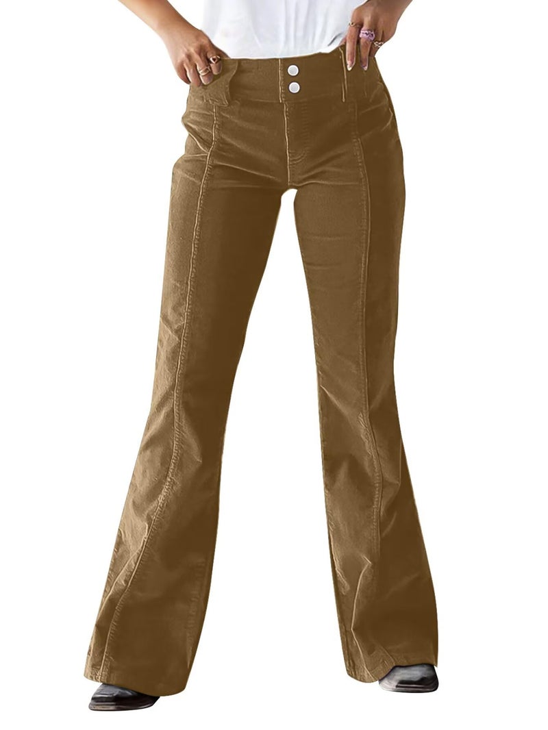 Flamingals Mid Rise Corduroy Pants for Women Seam Front Double Button Work Trouser Flare Pants Trendy Brown L - Image 1