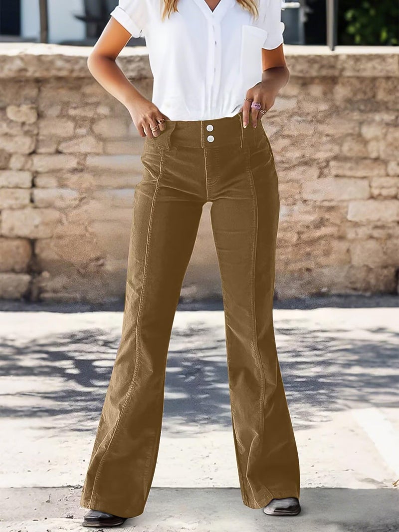 Flamingals Mid Rise Corduroy Pants for Women Seam Front Double Button Work Trouser Flare Pants Trendy Brown L - Image 2