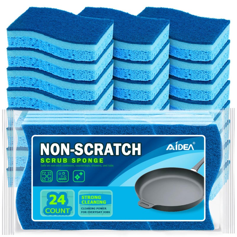 AIDEA Sponges Kitchen, Non Scratch Scrub Sponges, 24Count, Sponges for Non Stick Cookware, Kitchen Sponges for Dishes, Cleans Fast Without Scratching, Cleaning Sponge for Kitchen, Bathroom, Household - Image 1